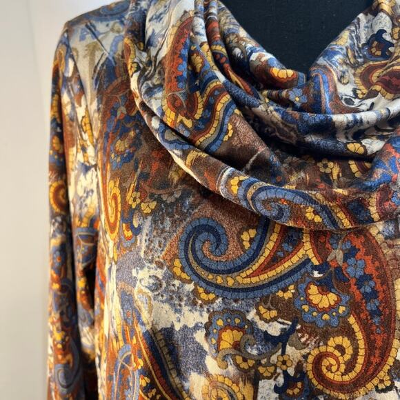 INTRO Brown Blue Gold Rust Paisley Cowl Neck Tunic  Hi Lo Long Sleeve Top NWT M - Picture 9 of 14